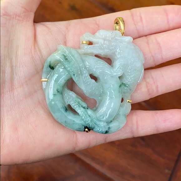 14K Real Gold Carved Dragon Natural Jade Pendant L - Picture 11 of 16
